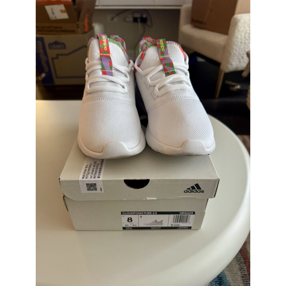 Adidas Cloudfoam Pure 2.0 White Purple Green Women’s Knit Sneaker Size 8